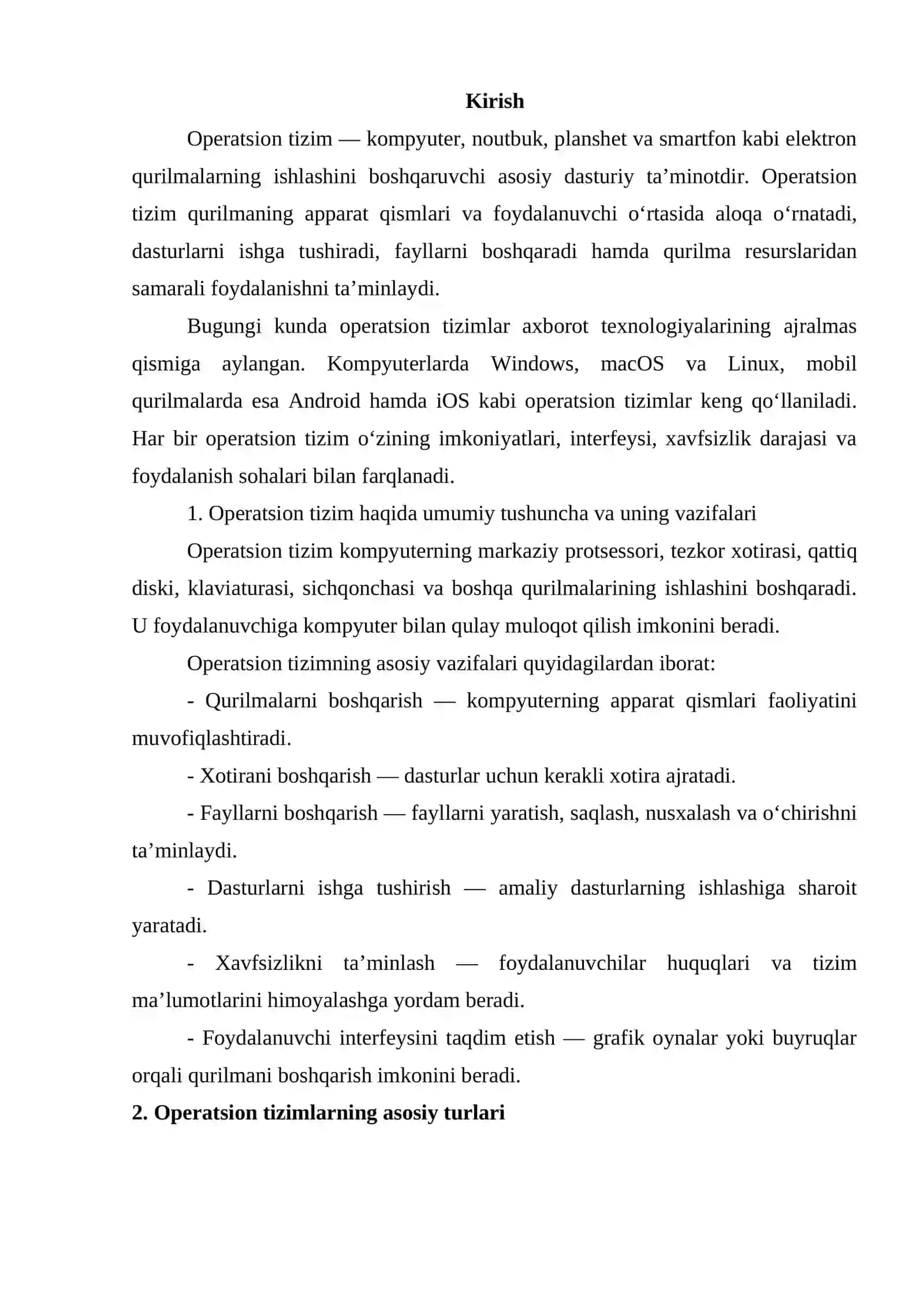Operatsion tizim turlari 2