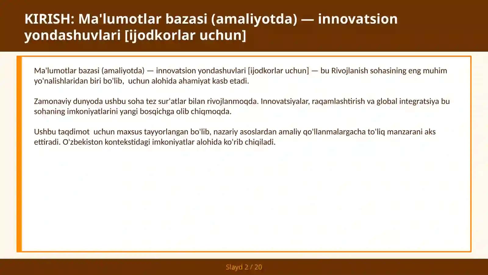 Ma'lumotlar bazasi (amaliyotda) — innovatsion yondashuvlari [ijodkorlar uchun] 2