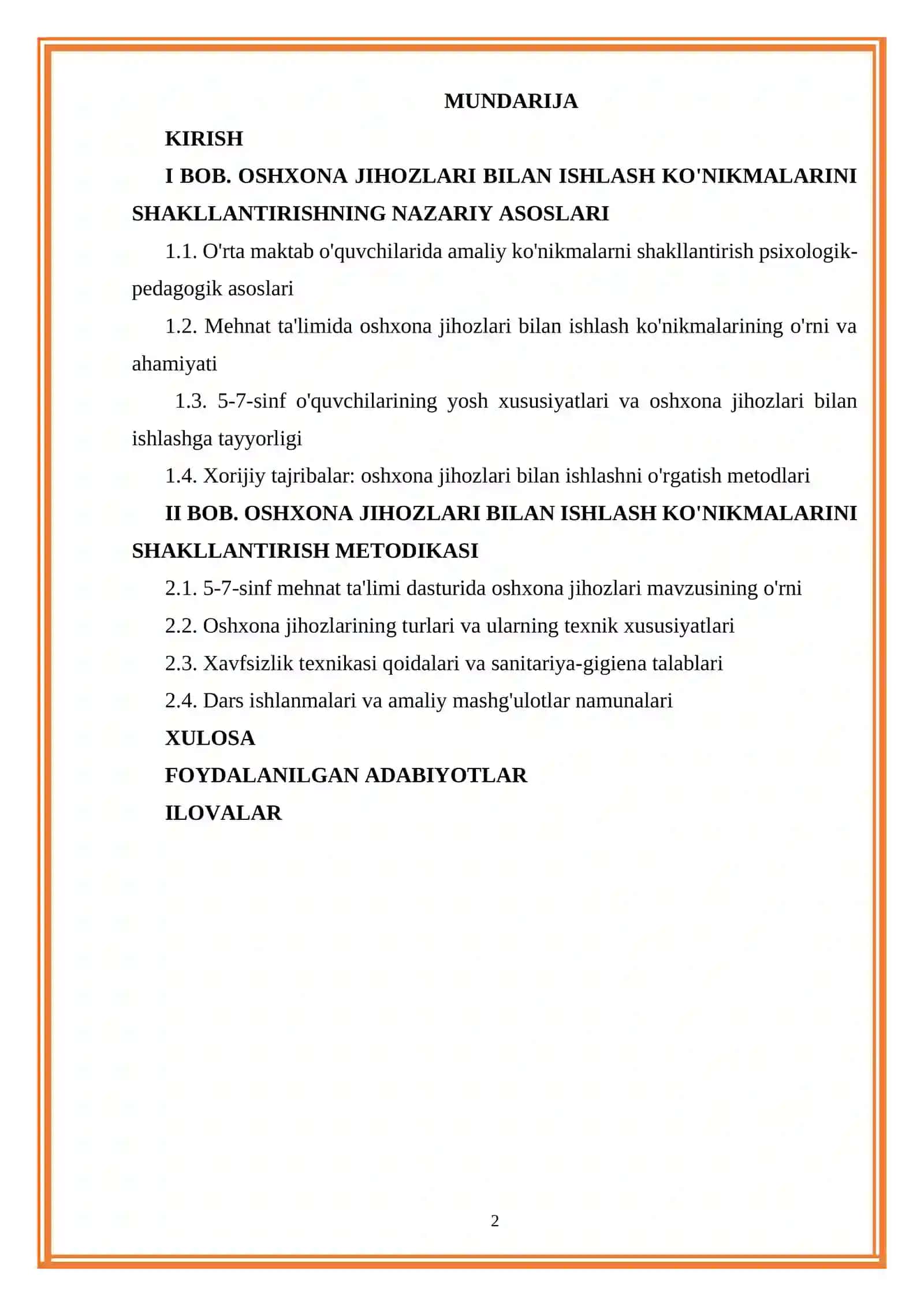 "TEXNOLOGIYA TA'LIMINI TASHKIL ETISH METODIKASI" FANIDAN KURS ISHI 2