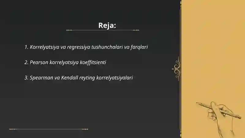 Hodisalar orasidagi bog‘lanishni o‘rganish. Korrelyasiya va regressiya tahlili 2