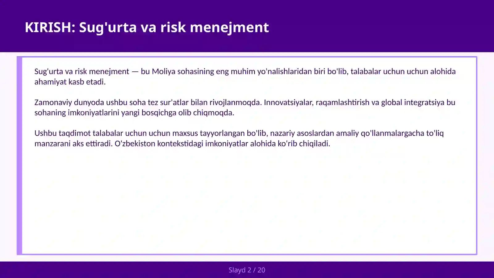 Sug'urta va risk menejment 2