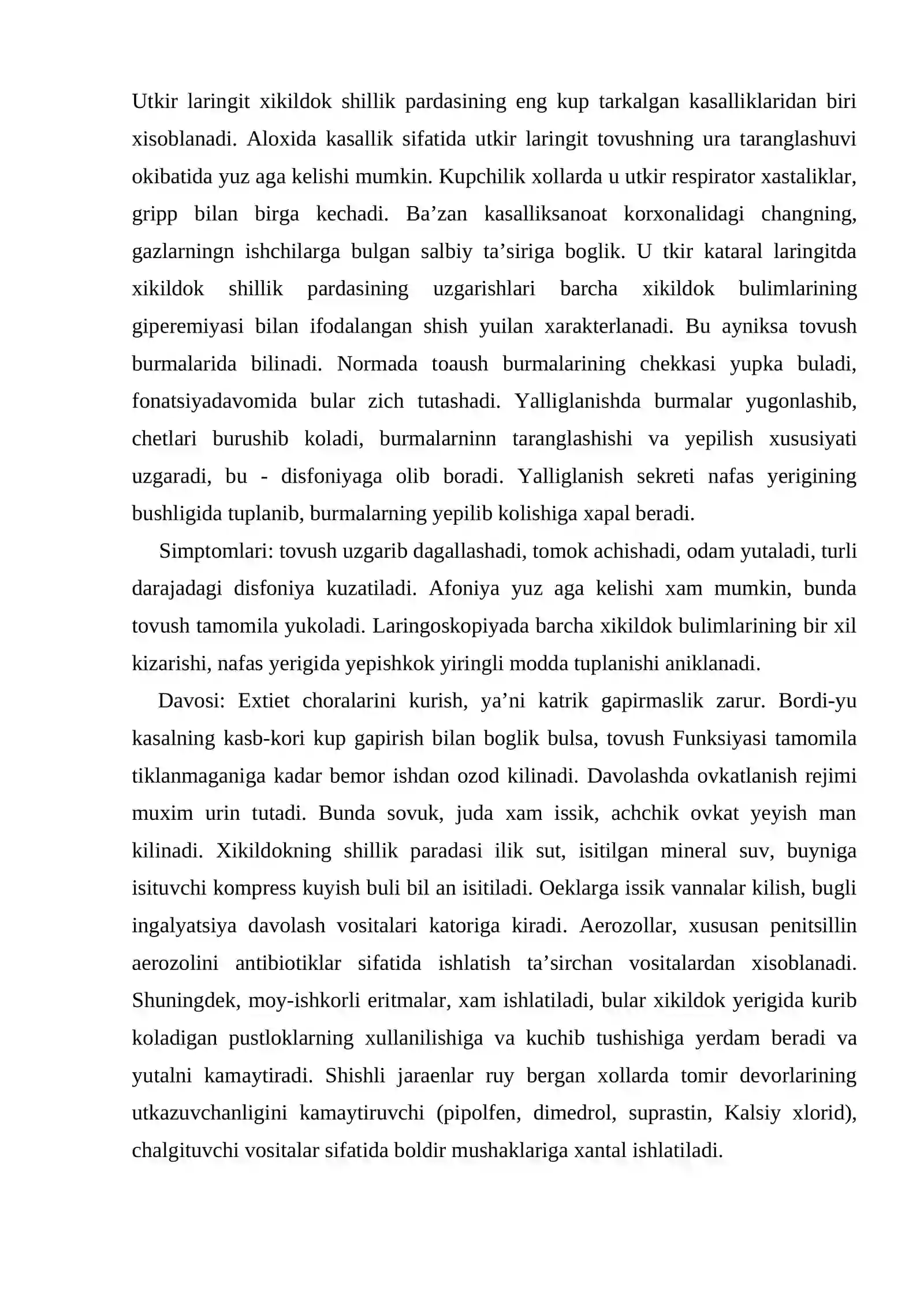 Xiqildoqning o‘tkir va surunkali yallig‘lanish kasalliklari. Xiqildoq, traxeya va bronxlar yot jismlari. Xiqildoqning xavfli o‘smalari 2