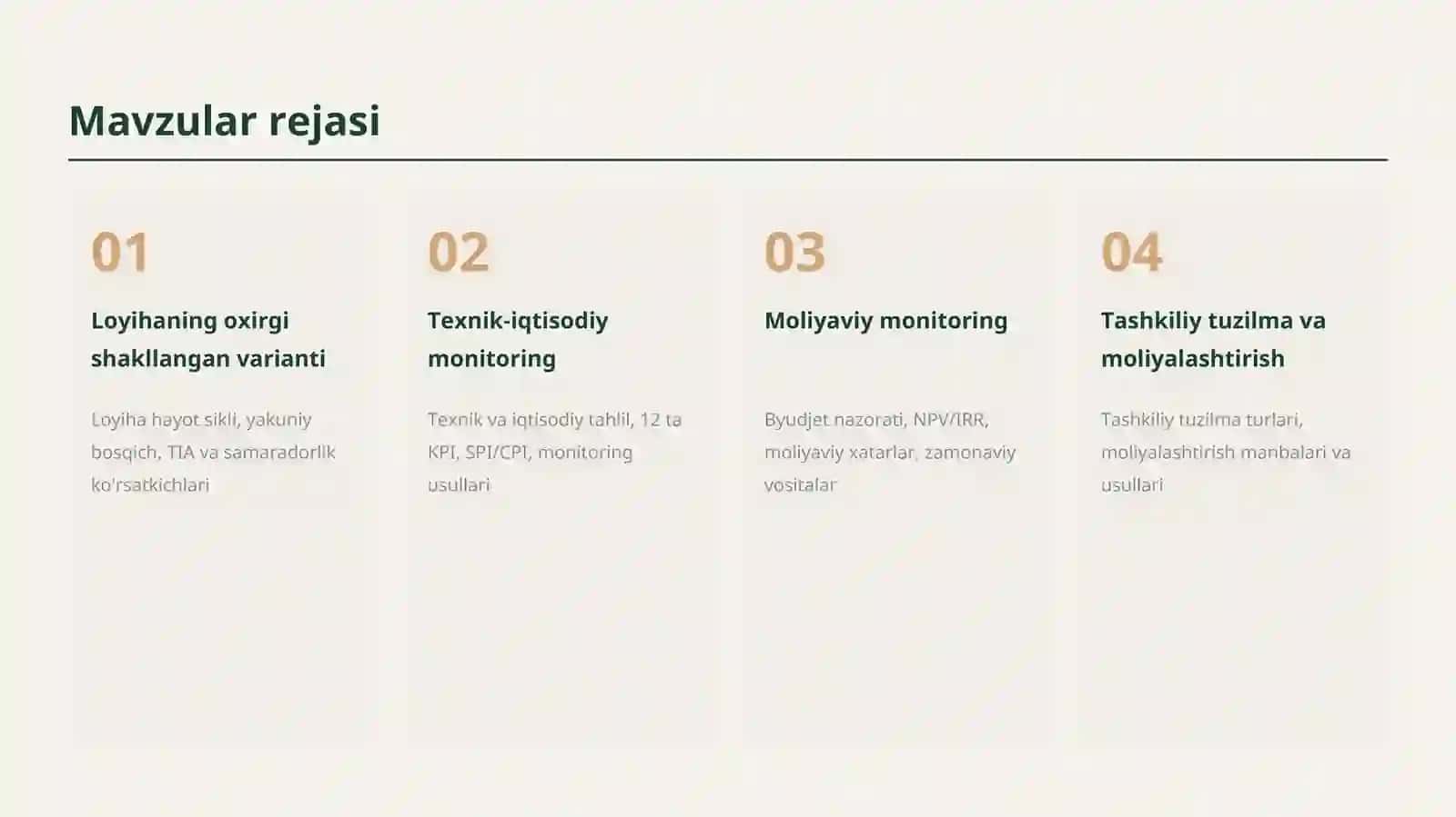 Loyihalarni oxirgi shakllangan varianti va uni texnik-iqtisodiyhamdamoliyaviy jihatdan monitoring qilish 2
