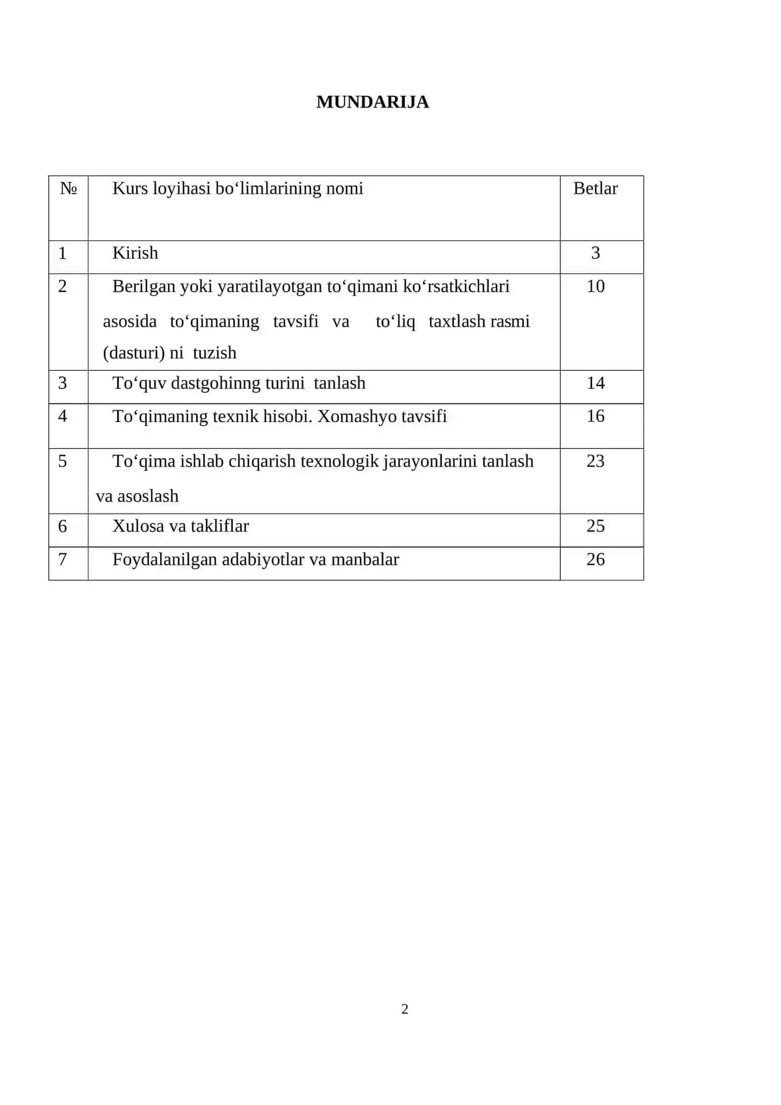 FARG’ONA VILOYATI TOSHLOQ TUMANIDA MITIKAL ASSORTIMENTDAGI TOQIMA ISHLAB CHIQARISH KORXONASINI LOYIHALASH 2