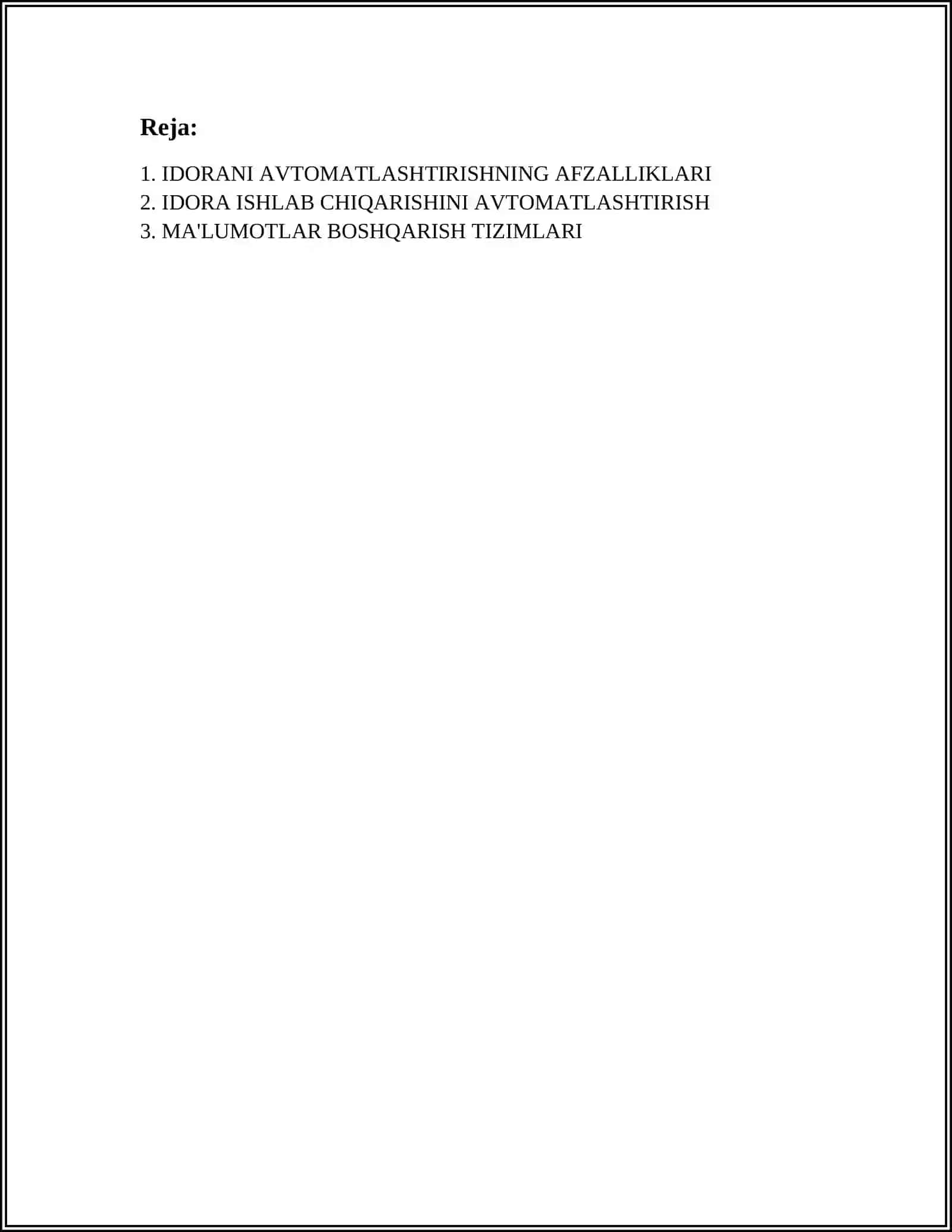 IDORANI AVTOMATLASHTIRISH. QOʼLLANILISHI VA TAVSIFLARI, ASOSIY KOMPONENTLARI 2