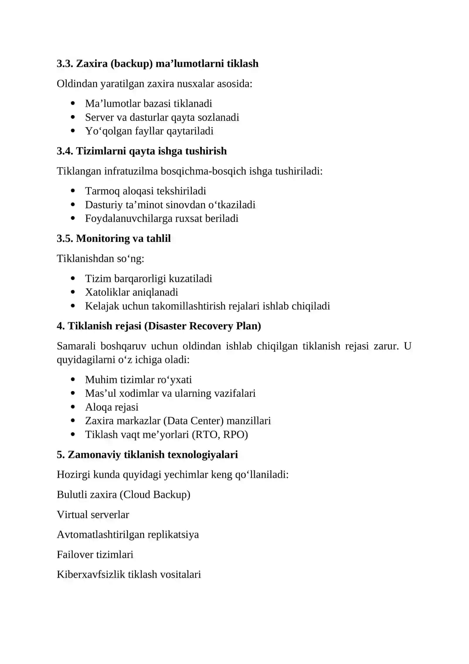 Avariya va falokatdan keyingi tiklanishni boshqarish 2