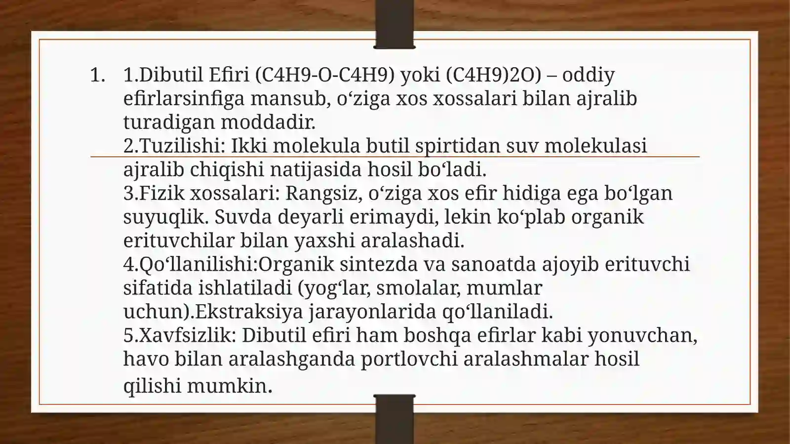 Dibutil efiri sintezi,uning tuzilishi va xossalari 2