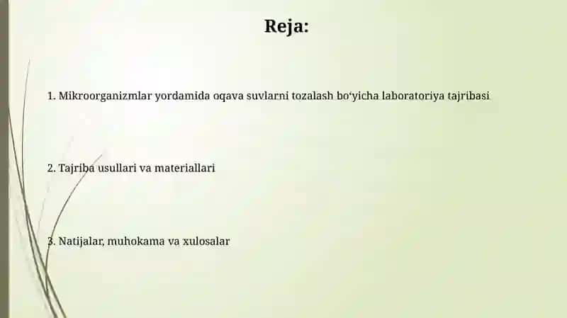 Chiqindi suvlarni mikroorganizmlar yordamida tozalash boʻyicha labaratoriya tajribasi 2
