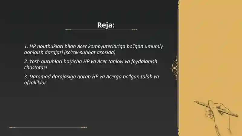 HP noutbuki bilan Acer kompyuterini so’rov suhbat asosida aholidan sttistik tahlil qilish 2