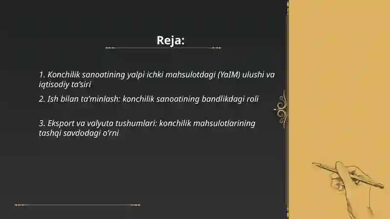 Konchilik sanoatning mamlakat iqtisodiyotidagi oʼrni va tarmoqlararo aloqasi 2