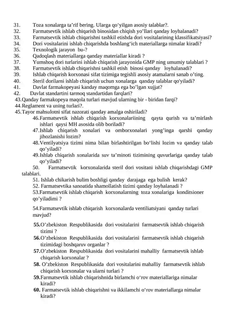 Farmatsevtik ishlab chiqarishni tashkil qilish fanidaning Orolig Savollari 2