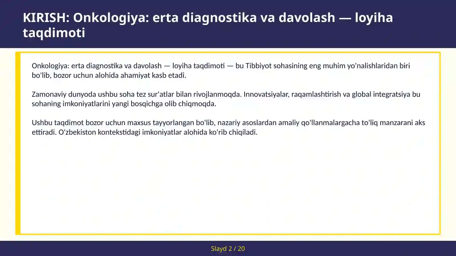 Onkologiya: Erta Diagnostika va Davolash — Loyiha Taqdimoti 2
