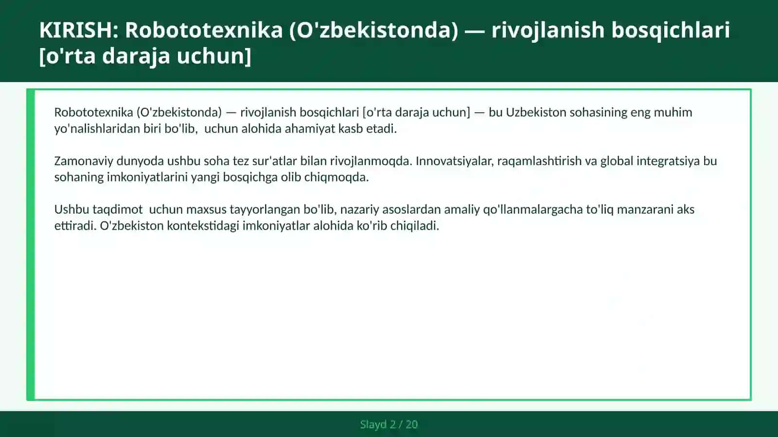 Robototexnika (O'zbekistonda) — rivojlanish bosqichlari [o'rta daraja uchun] 2