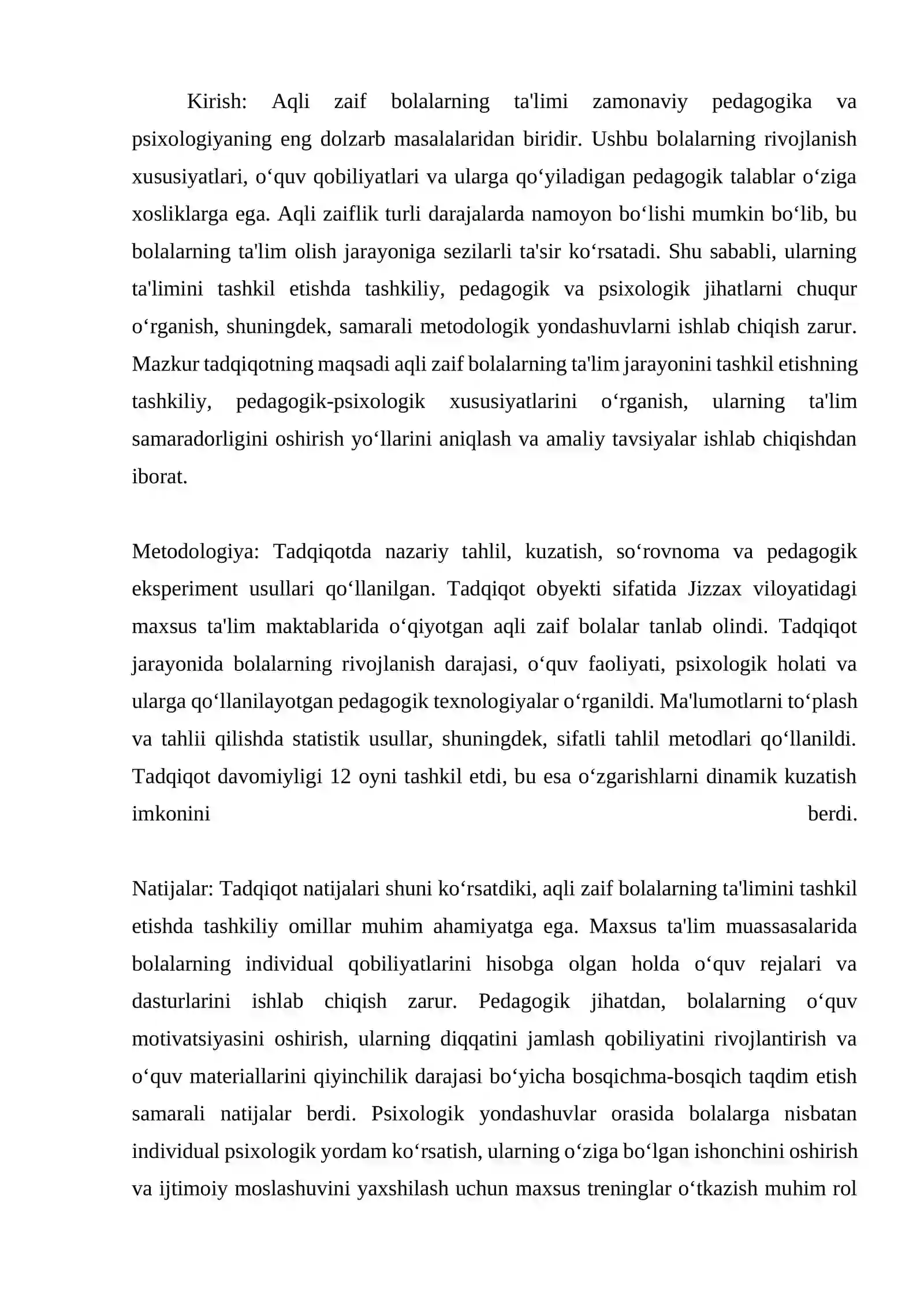 АКЛИ ЗАИФ БОЛАЛАР ТАЪЛИМИНИ ТАШКИЛ ЭТИШНИНГ ТАШКИЛИЙ, ПЕДАГОГИК-ПСИХОЛОГИК ХУСУСИЯТЛАРИ 2