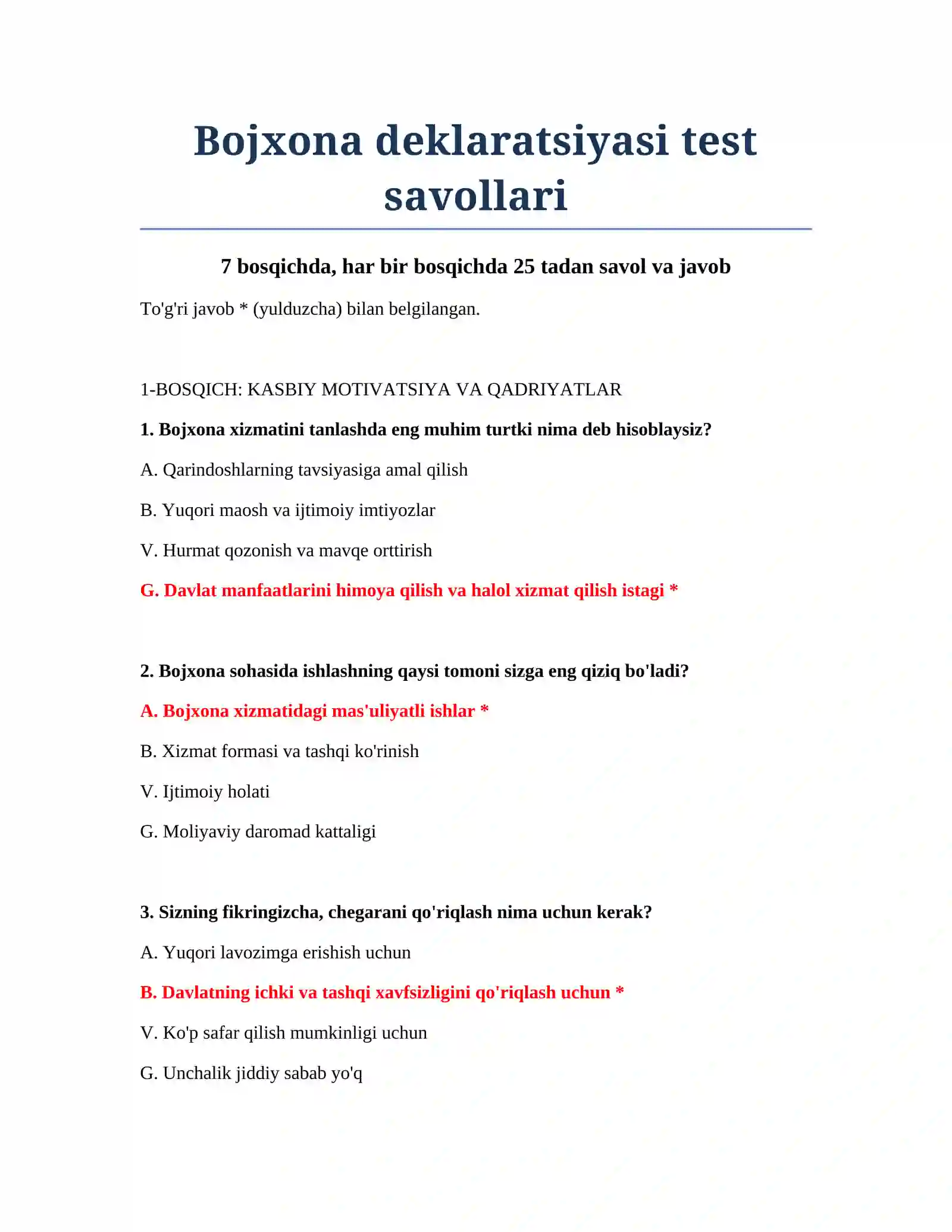 Bojxona deklaratsiyasi test savollari 2