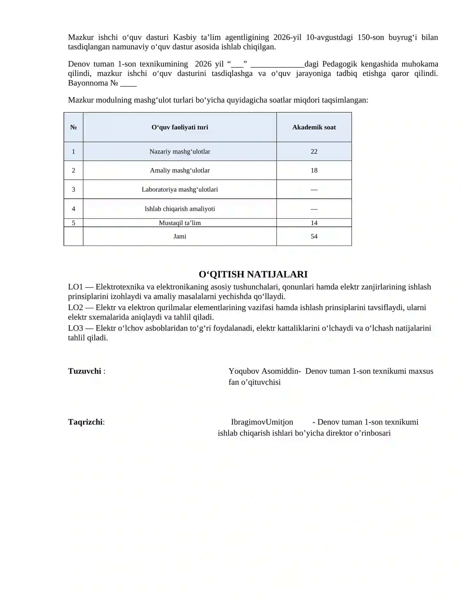 UKM.3. Elektrotexnika va elektronika MODULLI ISHCHI DASTURI 2