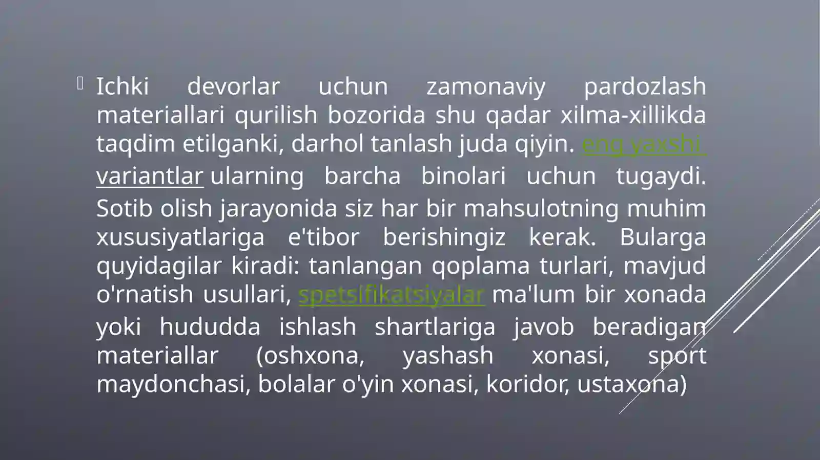 Devor va shiftlar uchun pardozlovchi materiallar 2