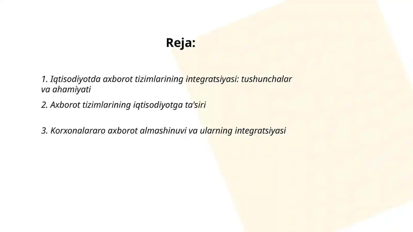 Iqtisodiyotda axborot tizimlarining o'zaro integratsiyasi Mustaqil ish 2