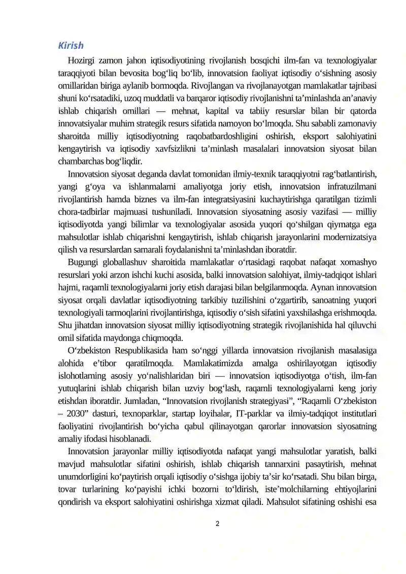 Innovatsion siyosatning milliy iqtisodiyotdagi o'rni va ahamiyati 2