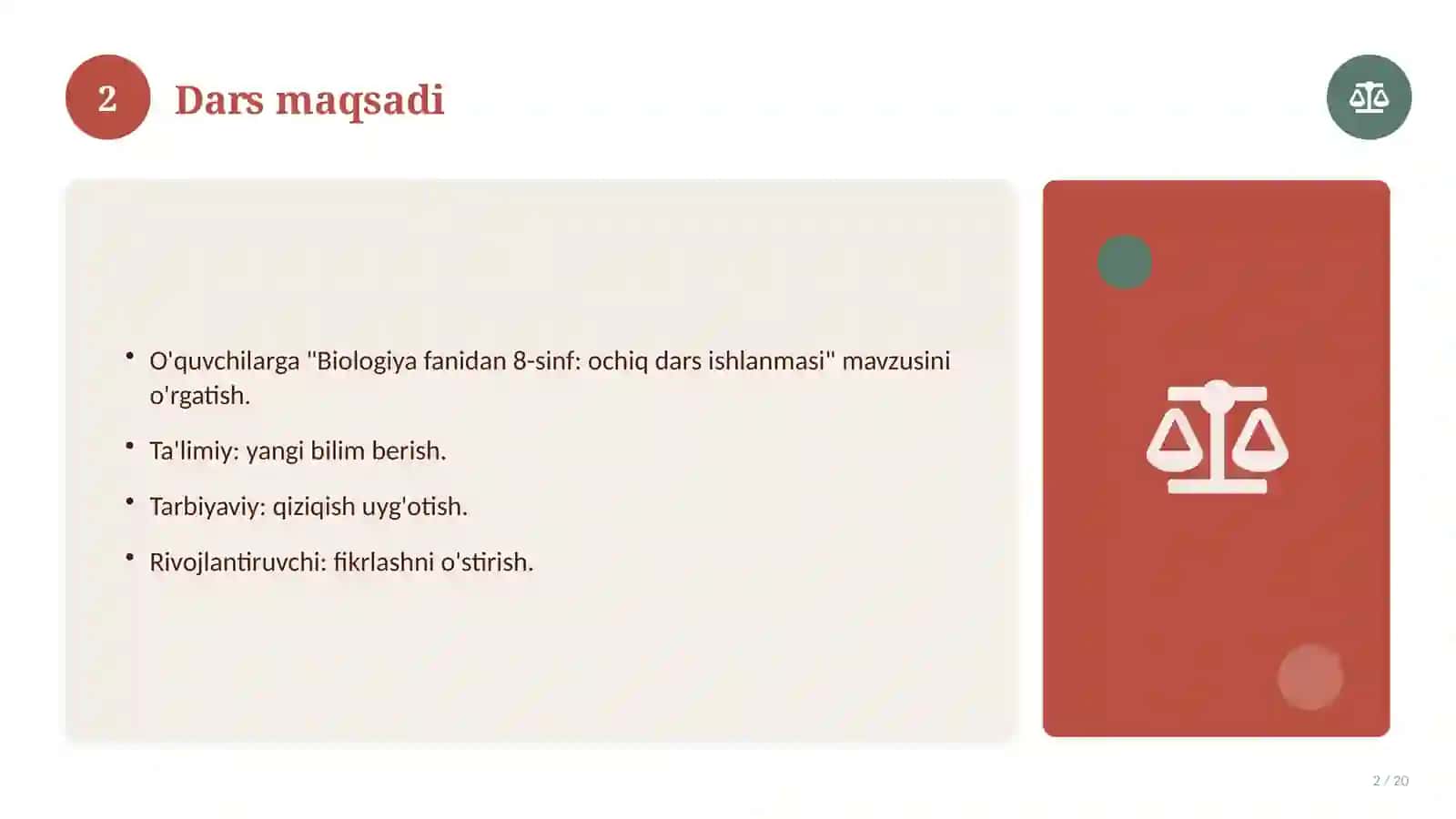 Biologiya fanidan 8-sinf: ochiq dars ishlanmasi 2