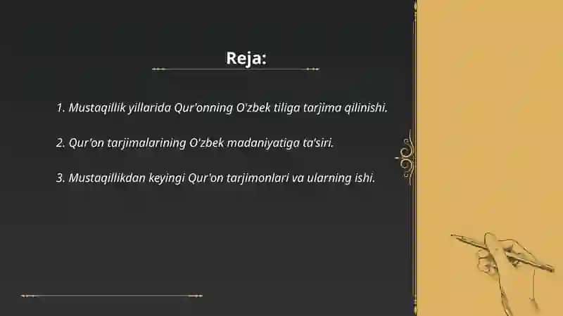 Mustaqillik yillarida Qur'onning o'zbek tiliga tarjima qilinishi va tafsirlari haqida taqdimot tayyorlash 2