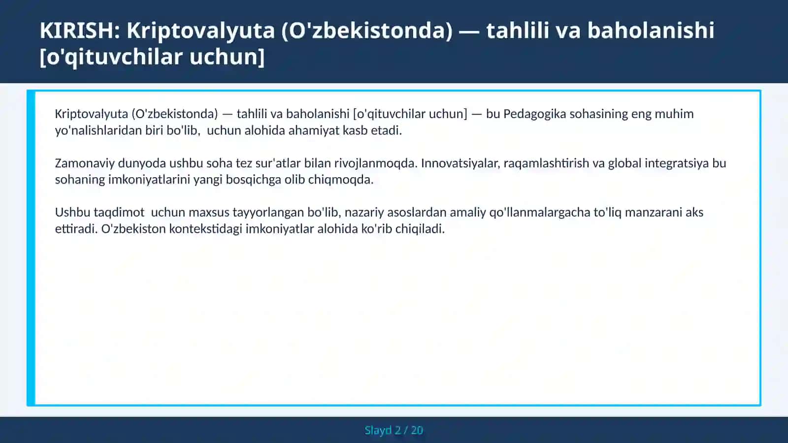 Kriptovalyuta (O'zbekistonda) — tahlili va baholanishi [o'qituvchilar uchun] 2