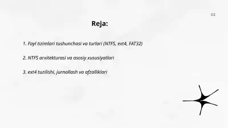 Fayl tizimlari turlari va ularni boshqarish (NTFS, ext4, FAT32; fayl tizimlarini yaratish formatlash va zaxiralash) 2
