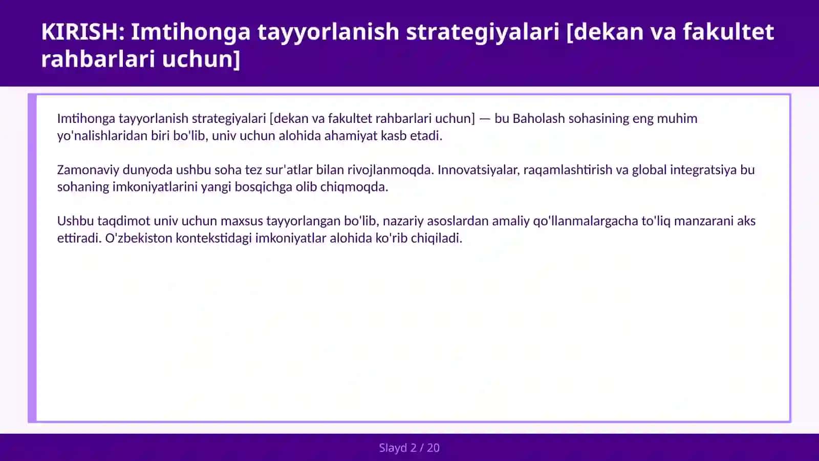 Imtihonga tayyorlanish strategiyalari [dekan va fakultet rahbarlari uchun] 2