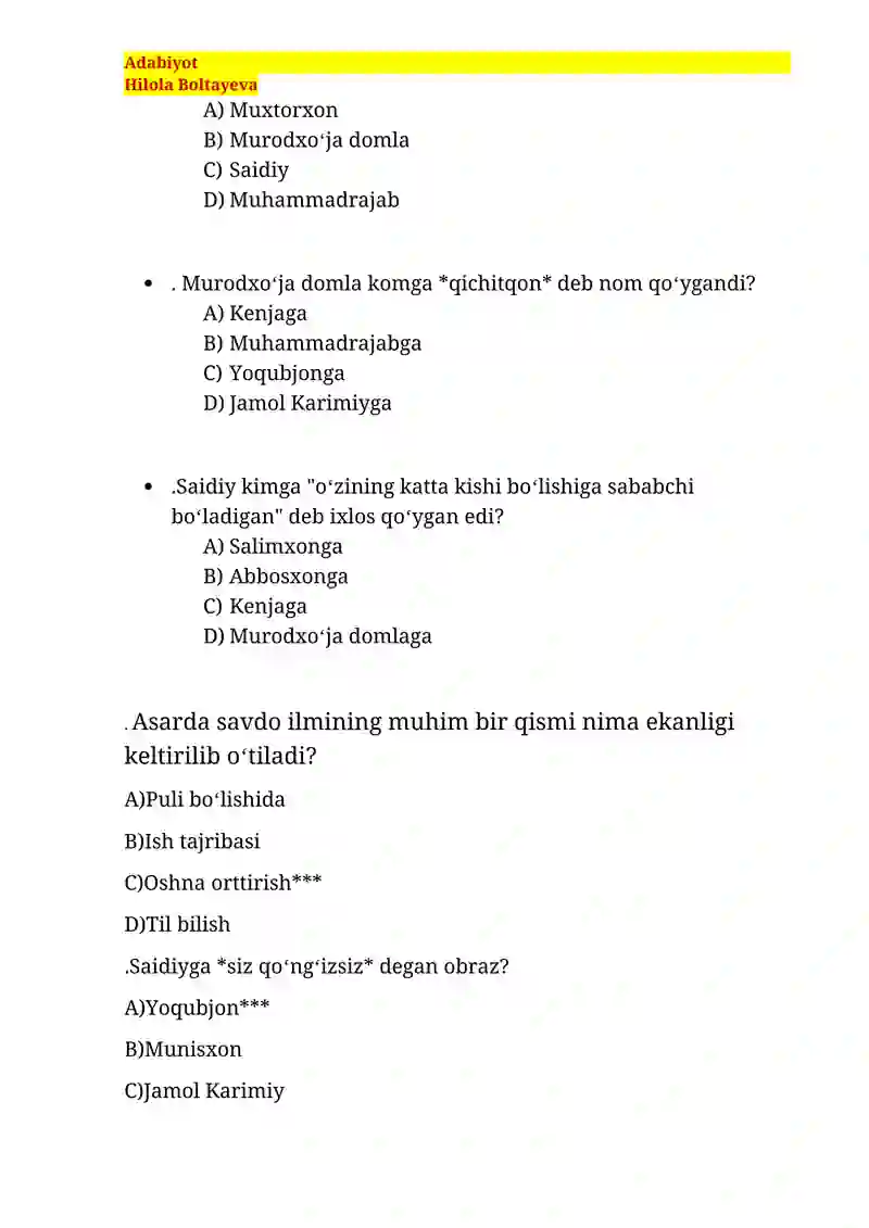 Abdulla Qahhor “Sarob” romani test 2