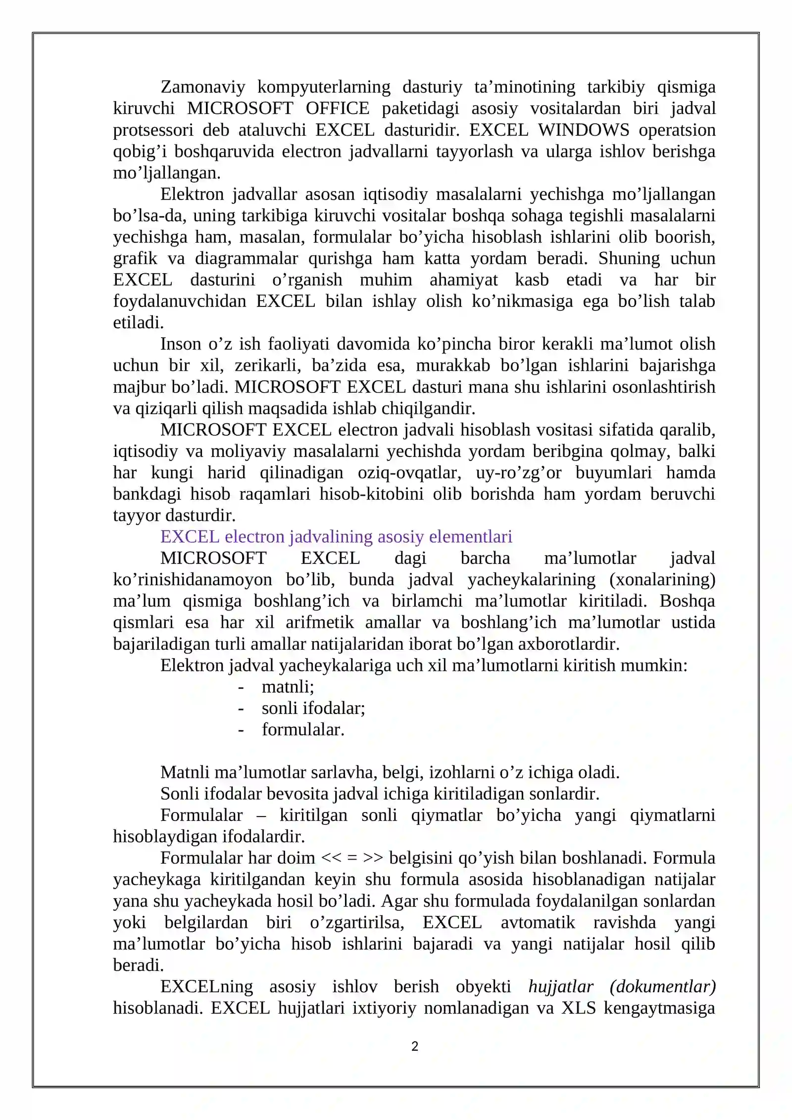 MICROSOFT EXCEL DASTURI 2