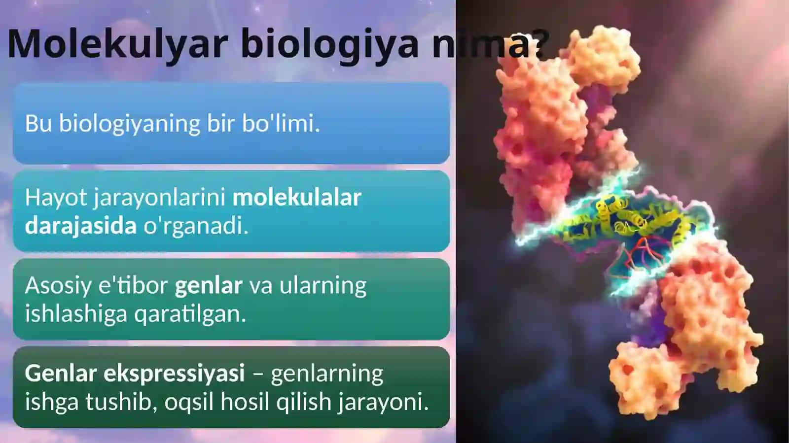 Molekulyar biologiya. Genlar ekspressiyasi. DNK va RNK ning replikatsiyasi va transkripsiyasi 2