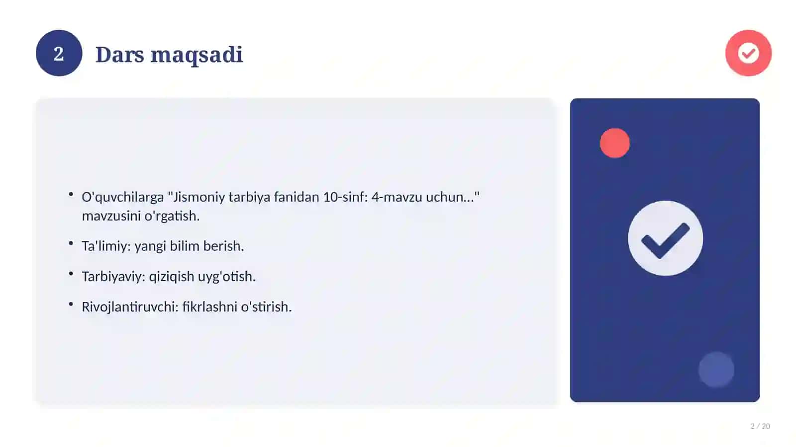 Jismoniy tarbiya fanidan 10-sinf: 4-mavzu uchun batafsil dars ishlanmasi 2