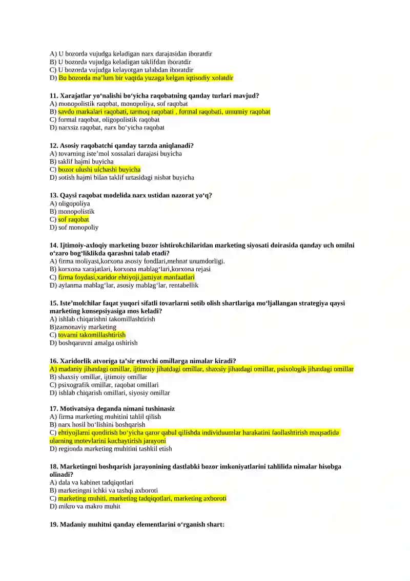 Marketing iqtisodiyot yakuniy testlar javoblari bilan 2