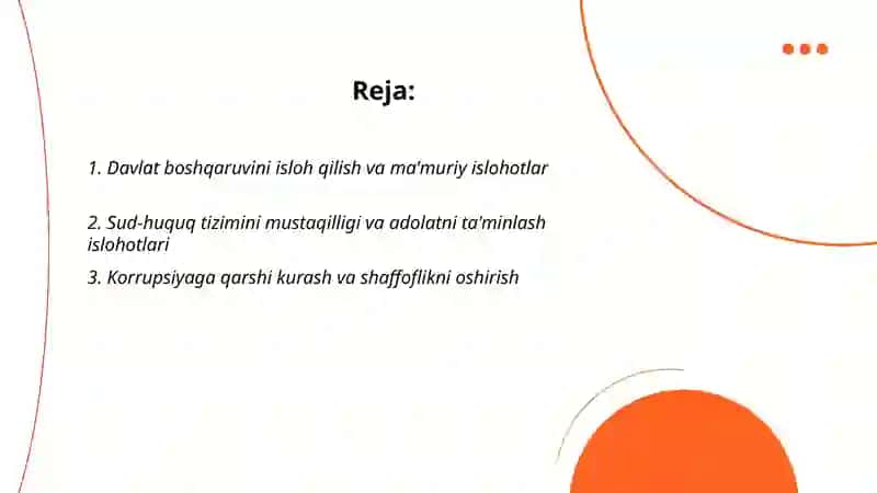 Yangi O‘zbekistonda Prezident Sh.M.Mirziyoyevrahbarligi va tashabbusi ostida amalgaoshirilayotgan islohotlar Ergashev Shamshod 2
