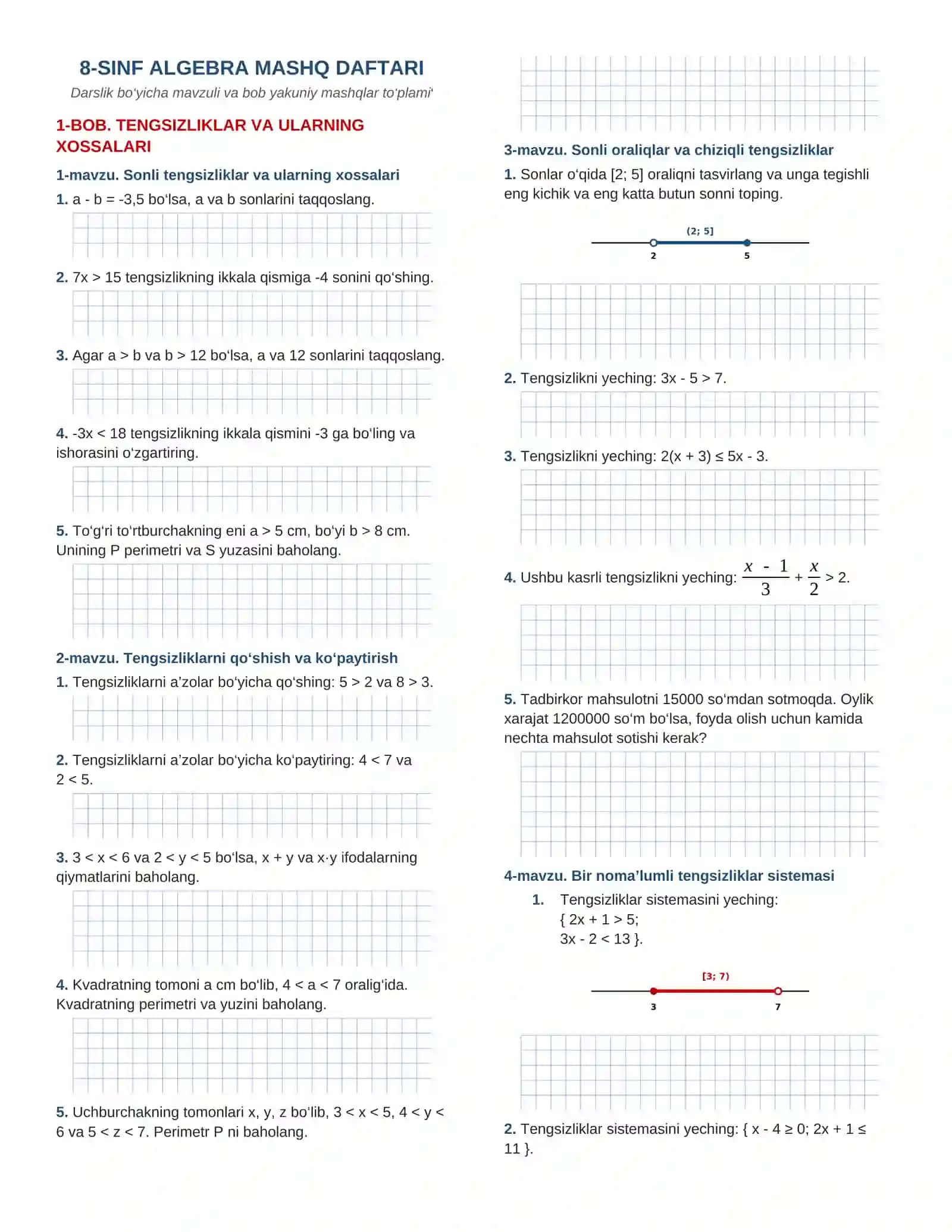 8-SINF ALGEBRA FANIDAN MAVZULASHTIRILGAN MASHQ DAFTARI, AMALDAGI DARSLIK ASOSIDA 2