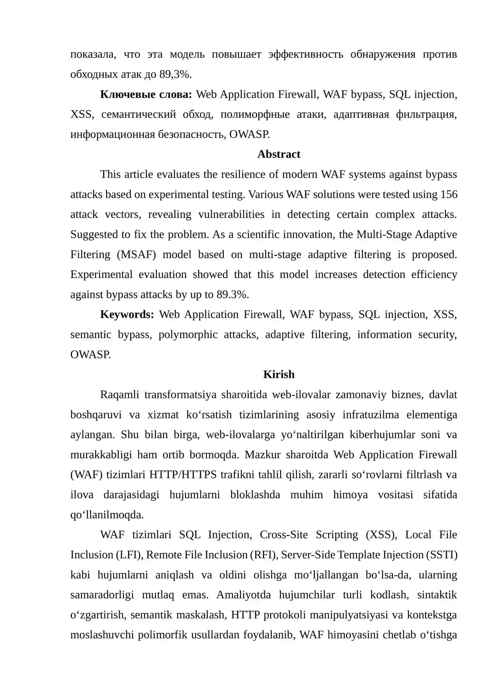 WEB APPLICATION FIREWALL (WAF) TIZIMLARINI CHETLAB OʻTISH USULLARI: EKSPERIMENTAL TAHLIL VA ADAPTIV HIMOYA MODELI 2