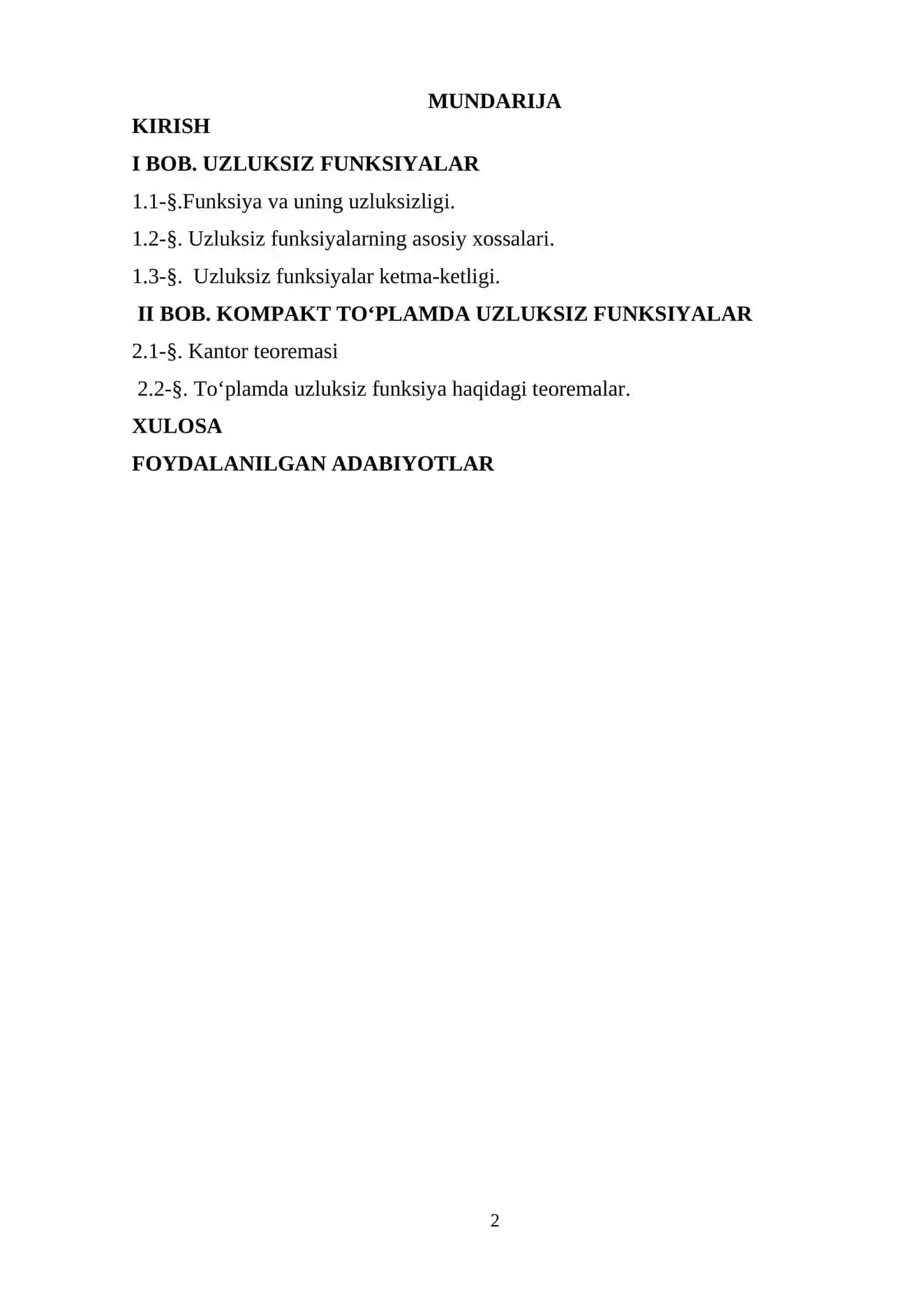 KURS ISHI: Bir o‘zgaruvchili uzluksiz funksiyalar 2