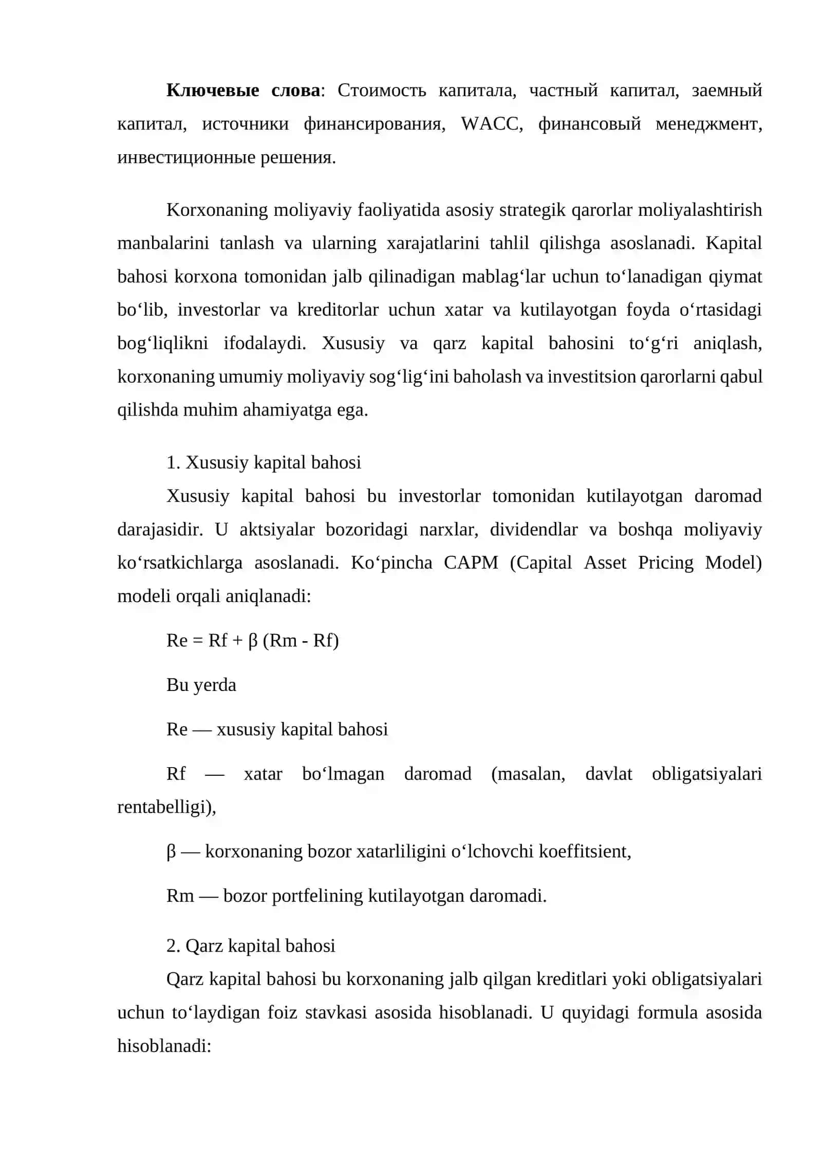 Korxonalarda xususiy va qarz kapital bahosi 2