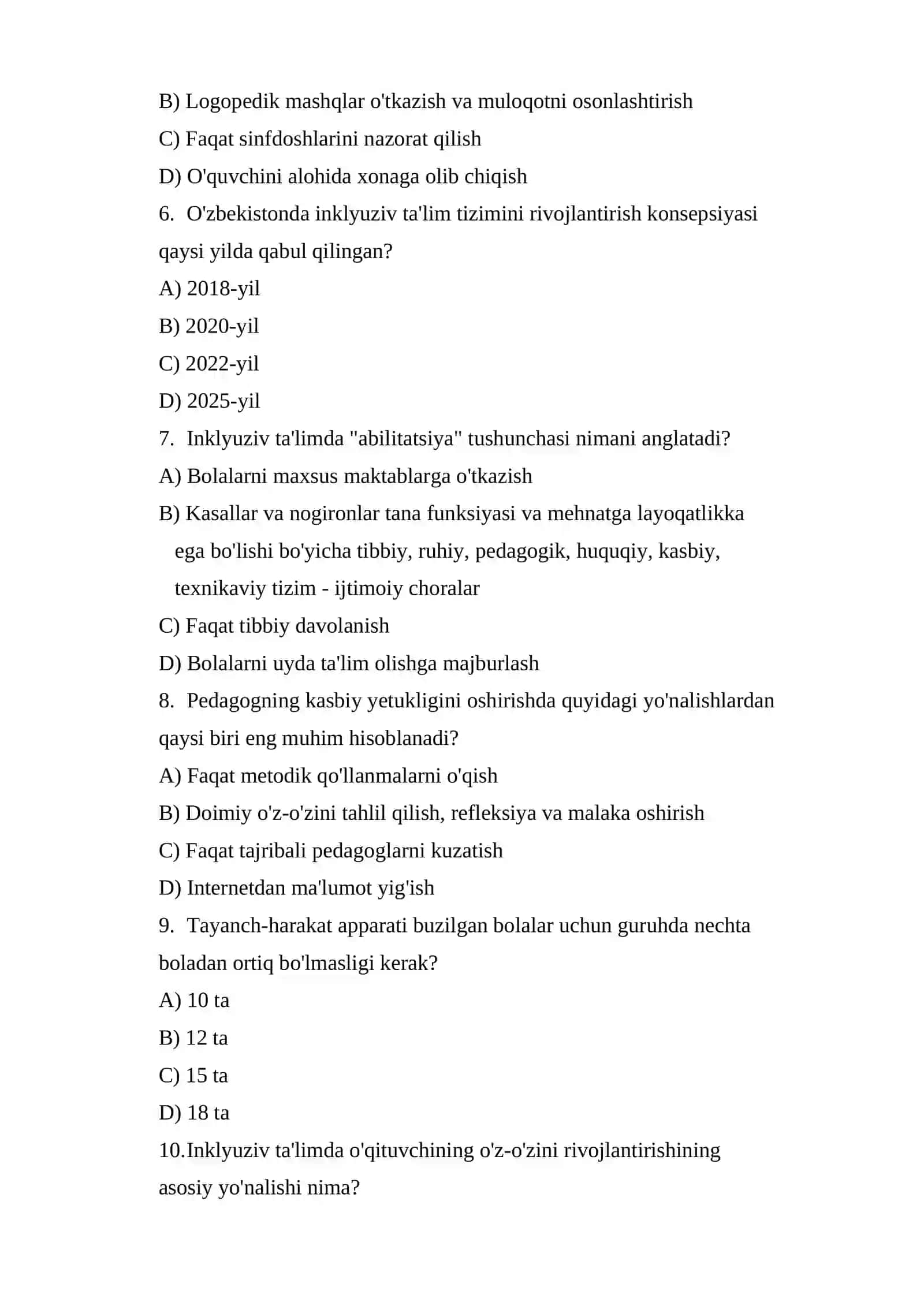 INKLYUZIV TA'LIMGA OID NOSTANDART TEST 2