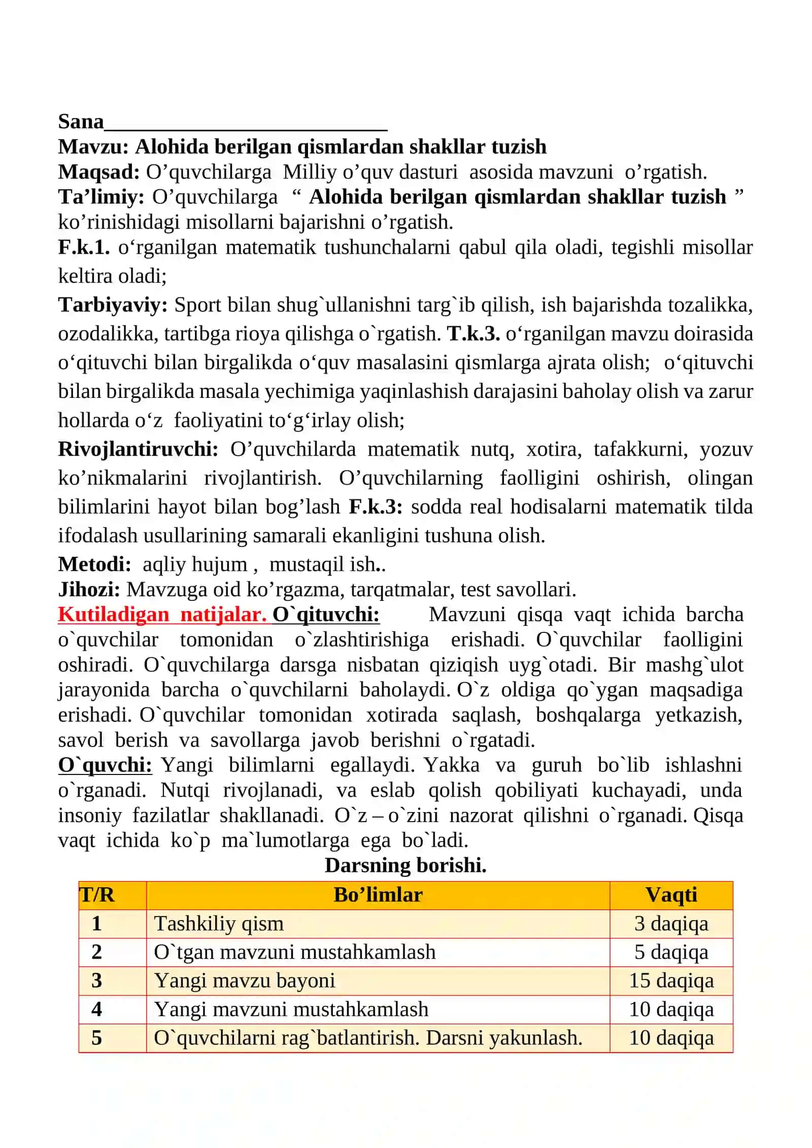 Alohida berilgan qismlardan shakllar tuzish 1-sinflar uchun Matematika fanidan dars ishlanmasi 2