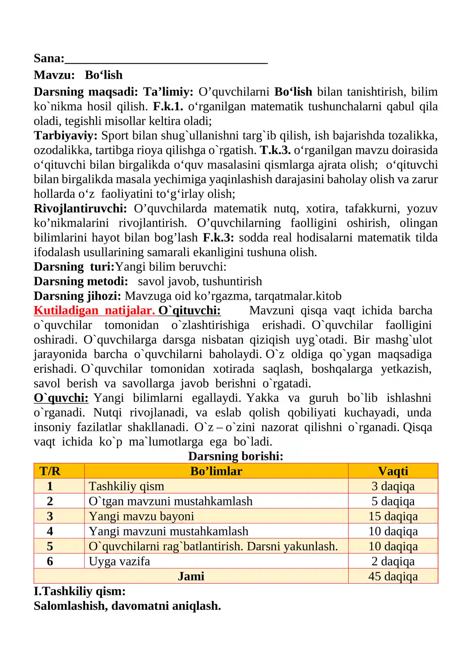 Bo‘lish mavzusida 4-sinf Matematika fanidan dars ishlanmasi 2