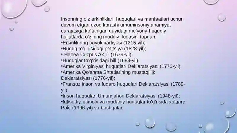 Inson huquqlari boʻyicha Oʻzbekiston Respublikasi Oliy Majlisi Vakili (Ombudsman)ning huquqiy maqomi. BMT va inson huquqlari. Inson huquqlari haqida xalqaro bill 2
