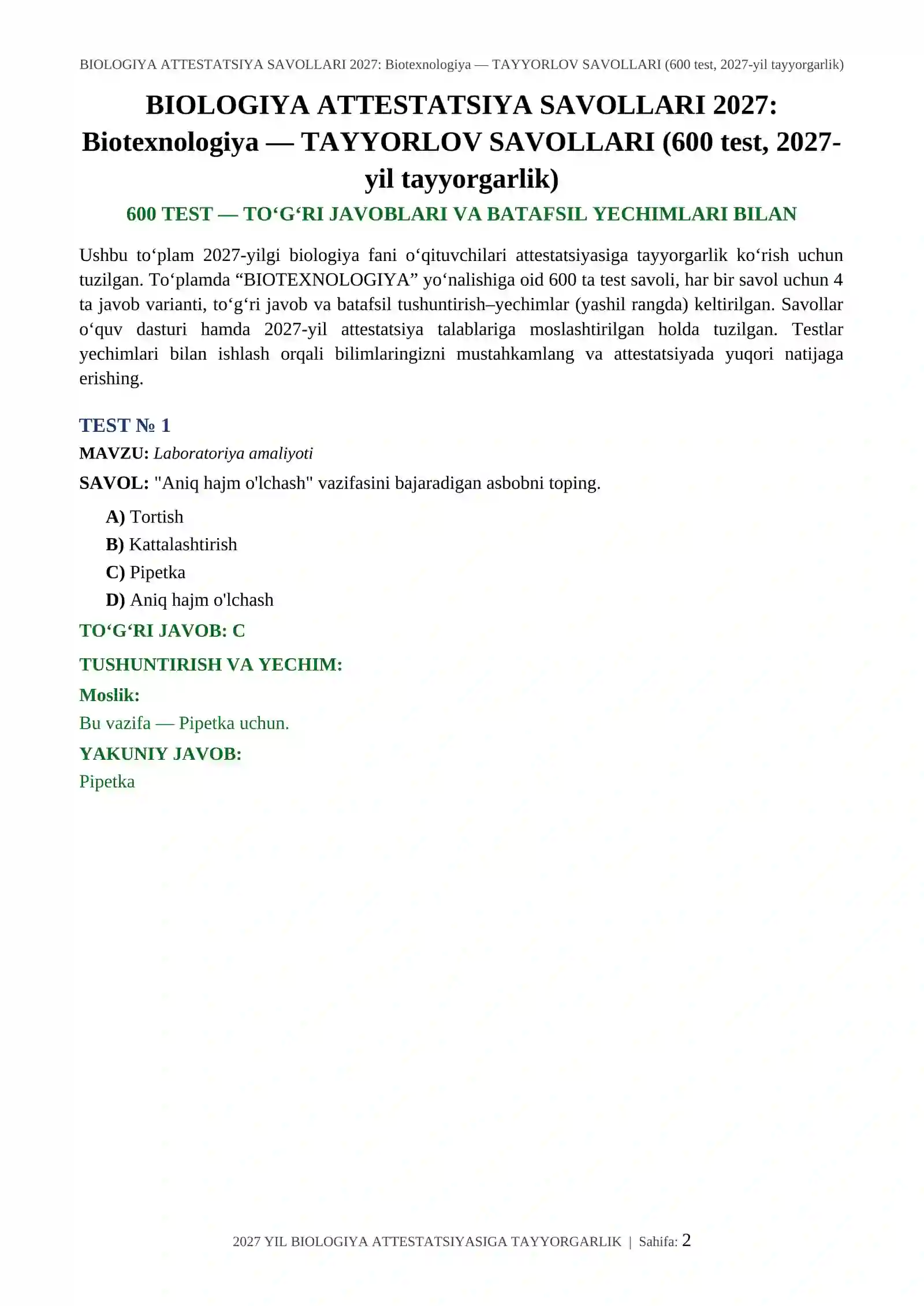 BIOLOGIYA ATTESTATSIYA SAVOLLARI 2027: Biotexnologiya — TAYYORLOV SAVOLLARI (600 test, 2027-yil tayyorgarlik) 2