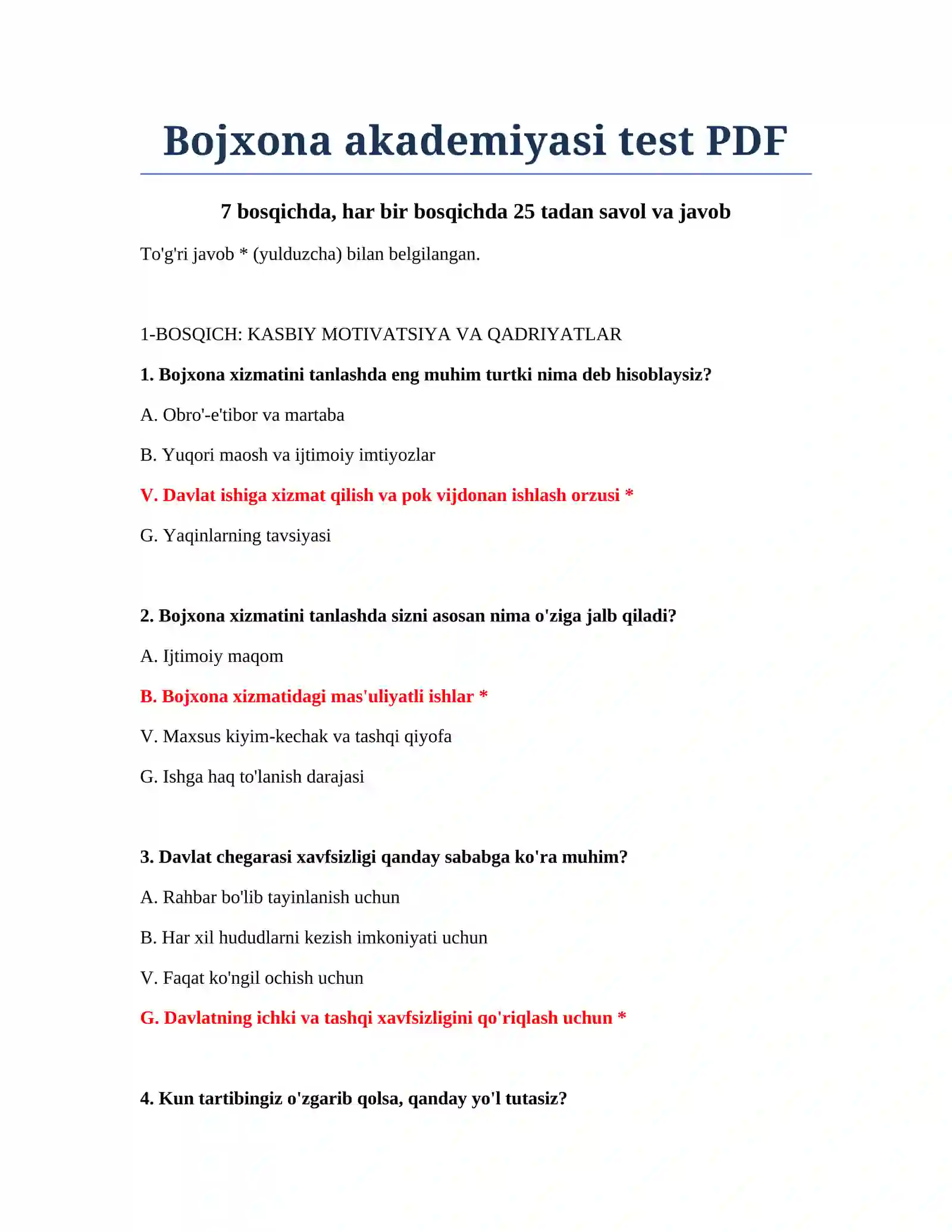 Bojxona akademiyasi test PDF 2