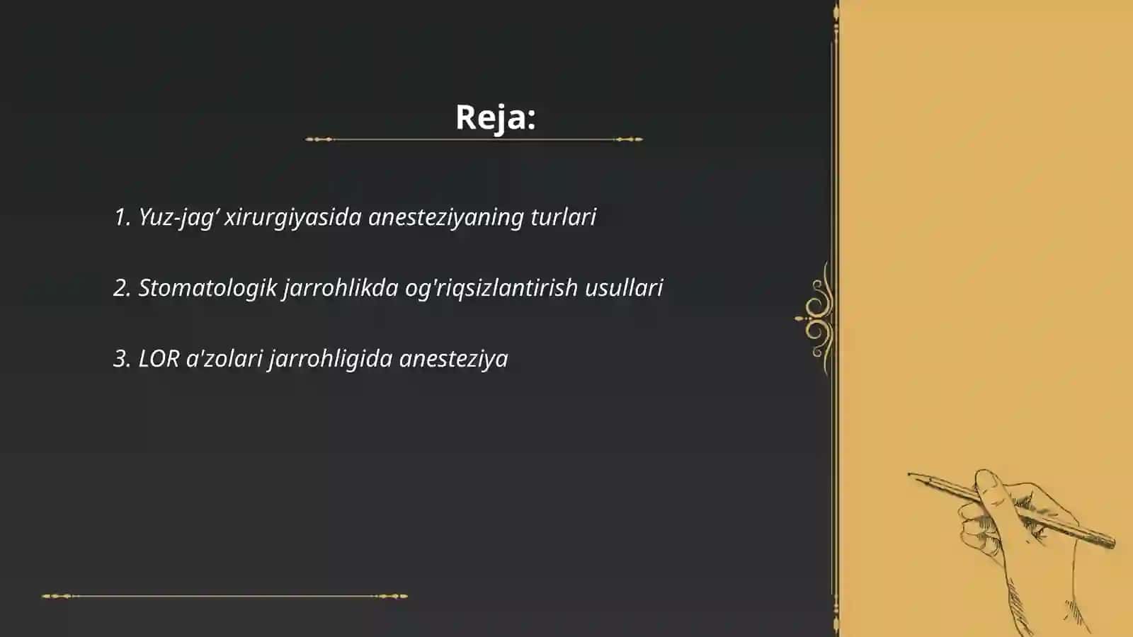 Yuz-jag’ xirurgiyasi, stomatologik va LOR a’zolari xirurgiyasida anesteziya va intensive terapiya 2
