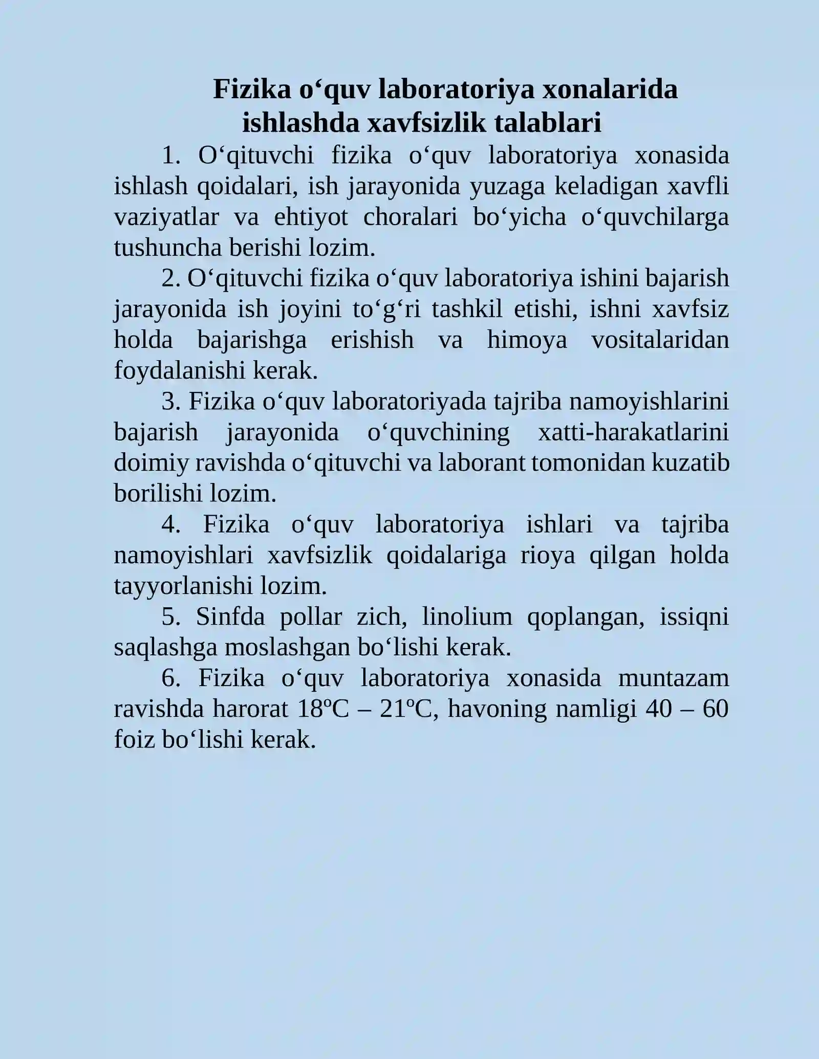 Texnika xavfsizligi qoidalari. BIOLOGIYA, KIMYO, FIZIKA laboratoriyalari uchun 2