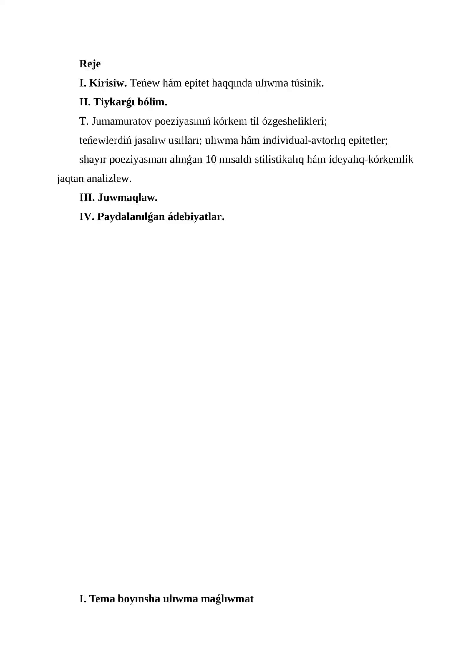 T. Jumamuratov poeziyasında teńew hám epitetlerdiń qollanılıwı 2