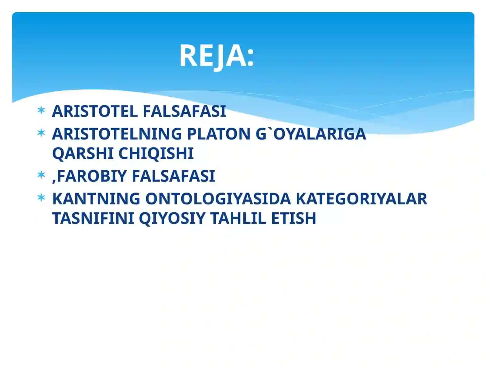 ARISTOTEL FAROBIY VA KAND ONTOLOGIYASIDA KATEGORIYALAR TASNIFI QIYOSIY TAHLIL E`TISH 2