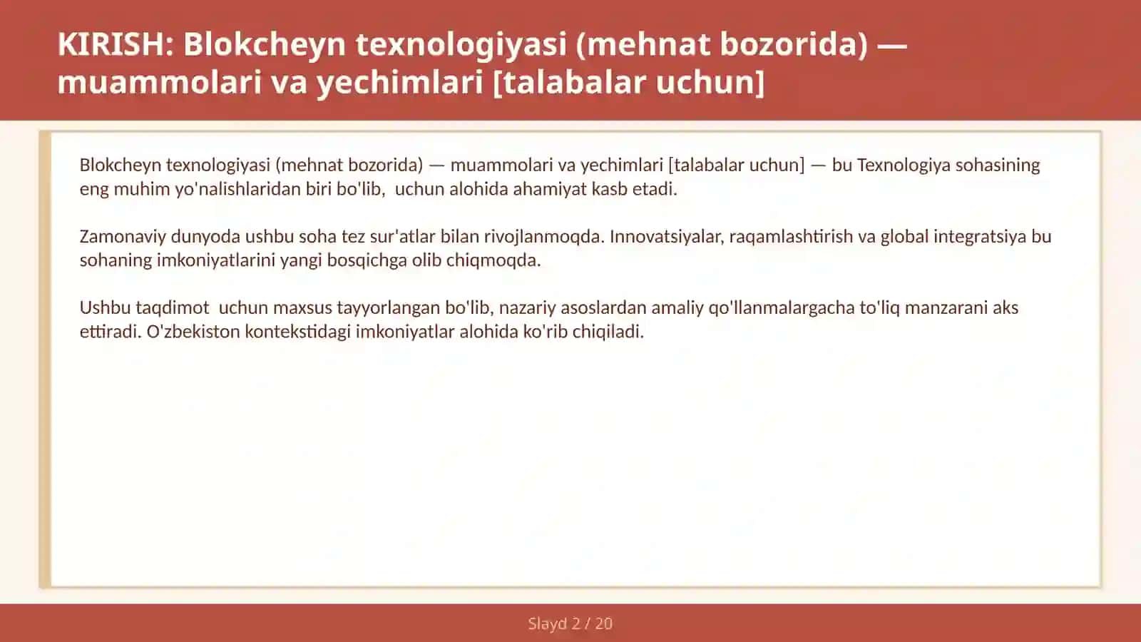 Blokcheyn texnologiyasi (mehnat bozorida) — muammolari va yechimlari [talabalar uchun] 2