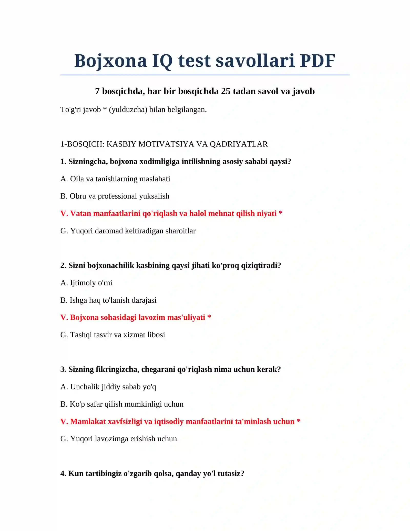 Bojxona IQ test savollari PDF 2